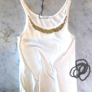 Sold! Q2 Stretchy Rib Knit White Tank w/ Beaded Neck